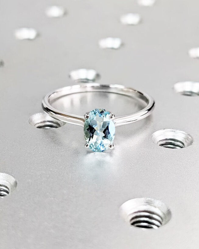 14K Solid Gold Engagement Ring / Lab Grown Oval Blue Aquamarine Wedding Ring / Aquamarine Engagement Ring / 4 Prong Promise Ring Stack Ring