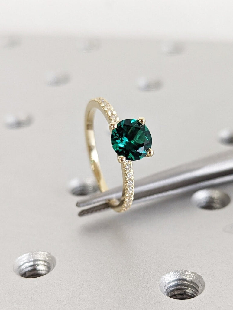 Vintage Emerald Engagement Ring | Round Emerald Proposal Ring | 14K Yellow Gold Diamond Eternity Wedding Band | Promise Anniversary Ring