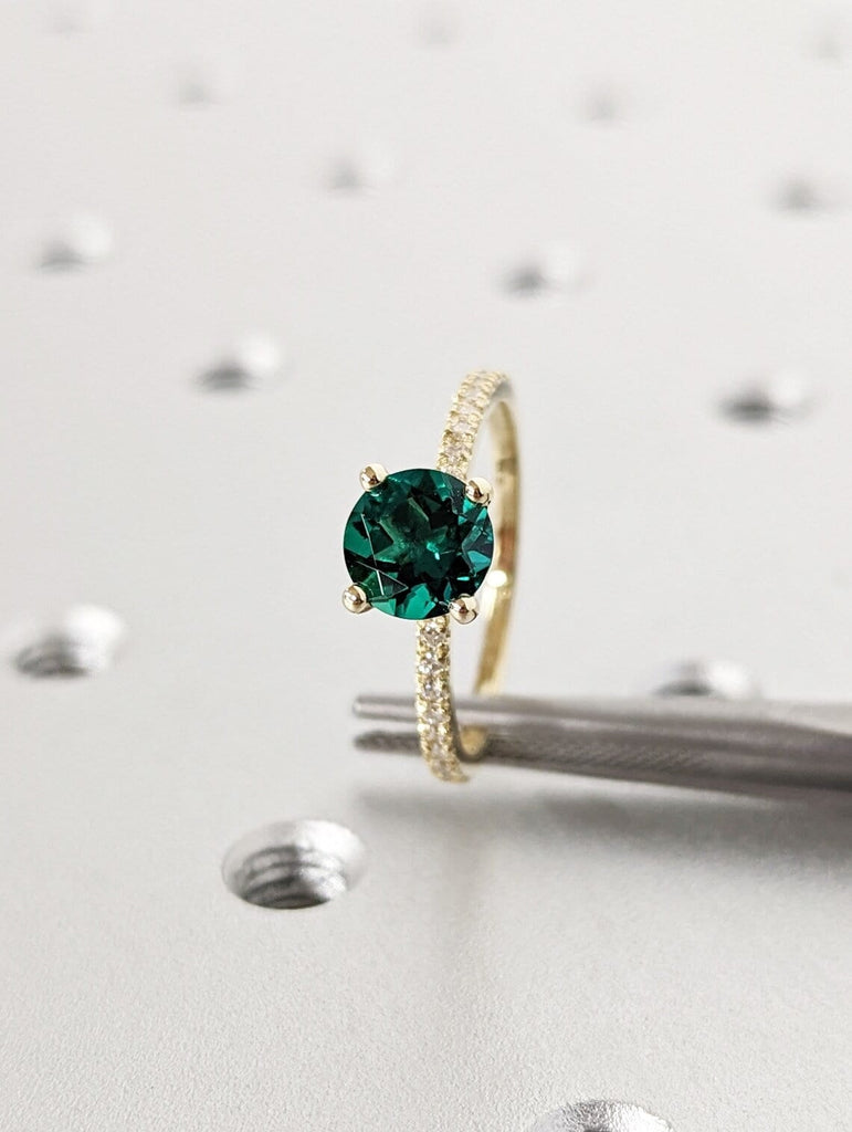 Vintage Emerald Engagement Ring | Round Emerald Proposal Ring | 14K Yellow Gold Diamond Eternity Wedding Band | Promise Anniversary Ring