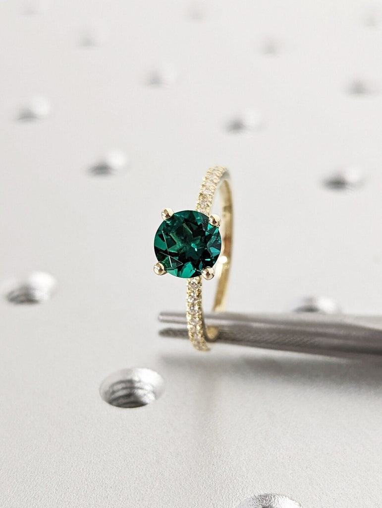 1, 1.5, 2CT Green Emerald Engagement Ring | Simple Promise Ring for Her | 14K Yellow Gold Diamond Half Eternity Ring | May Birthstone Ring