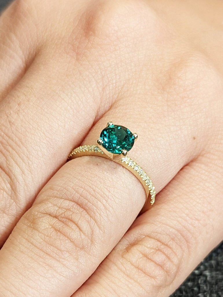 Round cut Emerald Engagement Ring | 14K Yellow Gold Unique Round cut Diamond Cluster Engagement Ring | Women Bridal Promis Gift