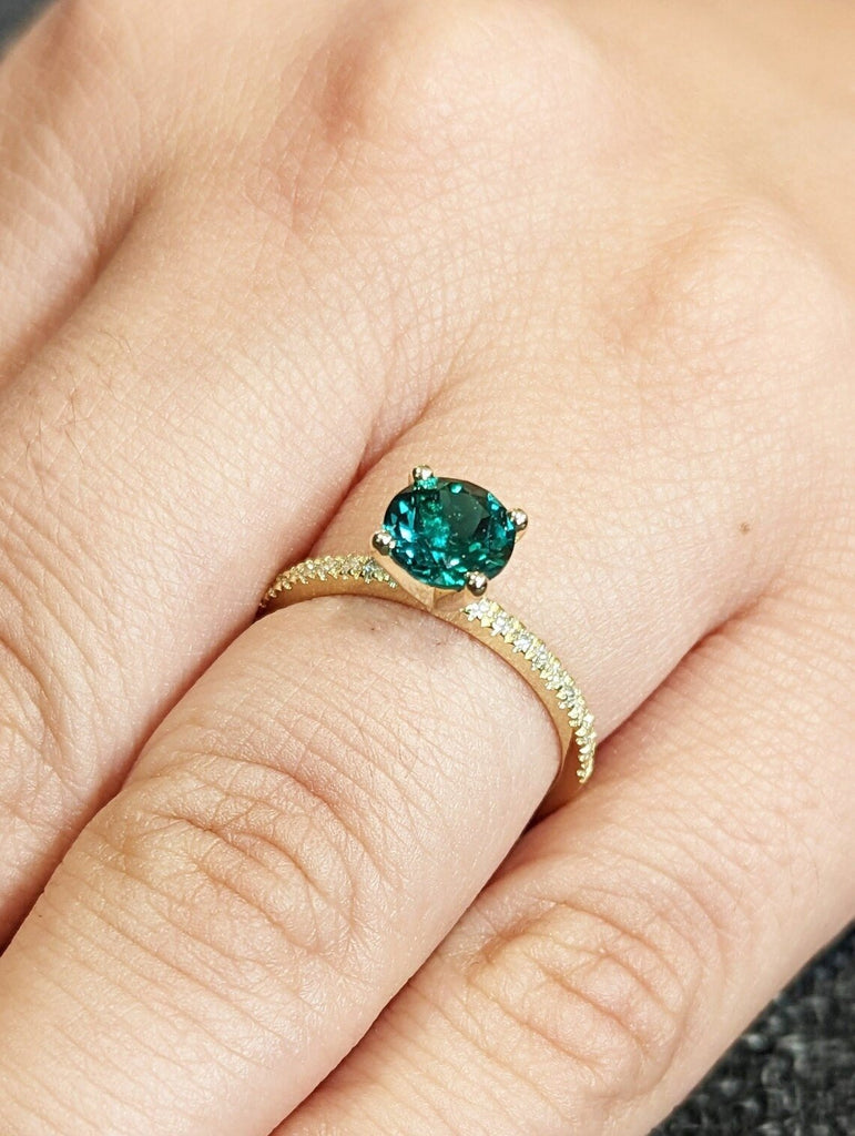 Round cut Emerald Engagement Ring | 14K Yellow Gold Unique Round cut Diamond Cluster Engagement Ring | Women Bridal Promis Gift