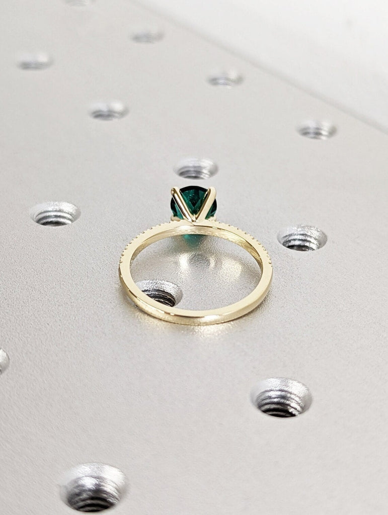 Vintage Emerald Engagement Ring | Round Emerald Proposal Ring | 14K Yellow Gold Diamond Eternity Wedding Band | Promise Anniversary Ring