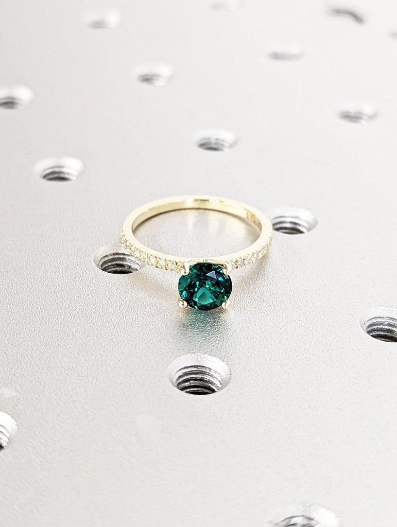 Vintage Emerald Engagement Ring | Round Emerald Proposal Ring | 14K Yellow Gold Diamond Eternity Wedding Band | Promise Anniversary Ring