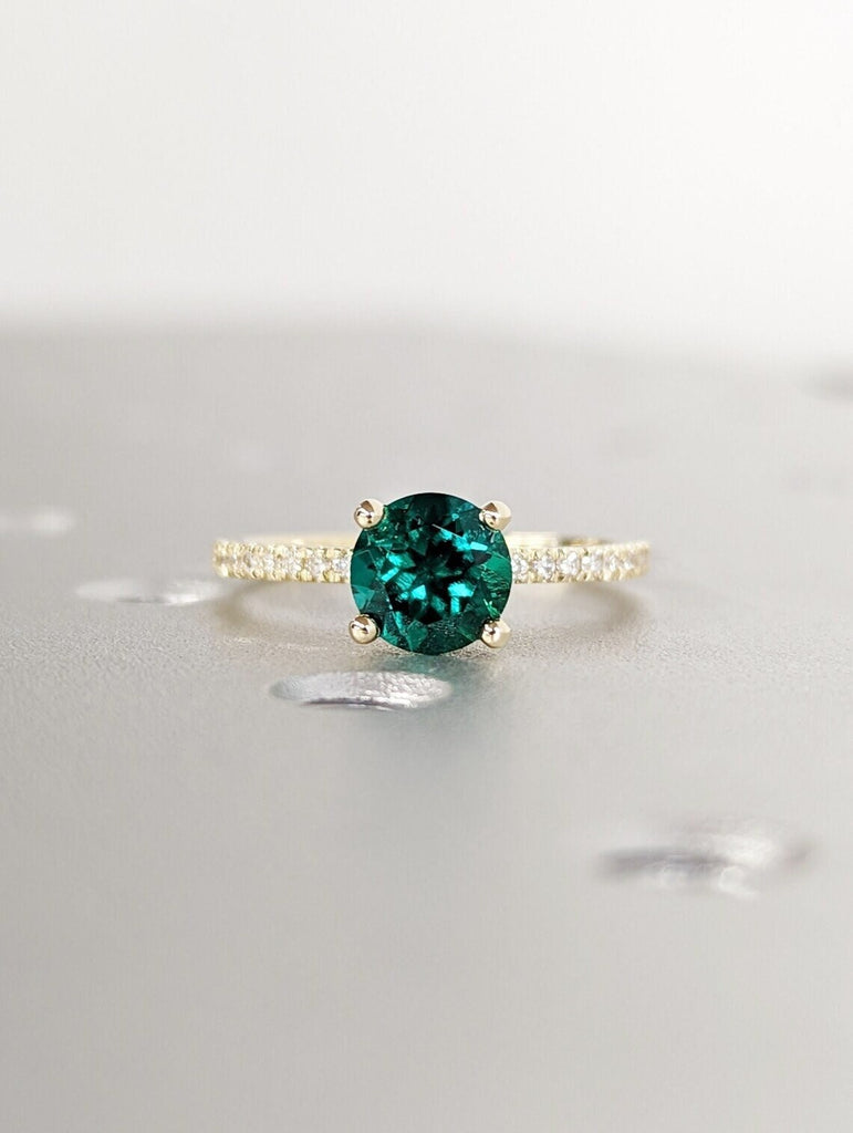 Vintage Emerald Engagement Ring | Round Emerald Proposal Ring | 14K Yellow Gold Diamond Eternity Wedding Band | Promise Anniversary Ring