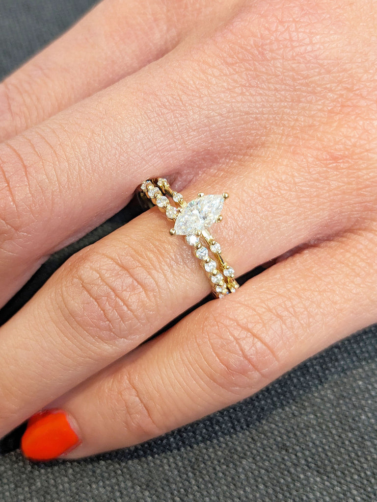 Marquise Lab Diamond Unique Proposal Ring for Her | Moissanite Hidden Halo Ring | Stacking Half Eternity Ring | Delicate Promise Ring