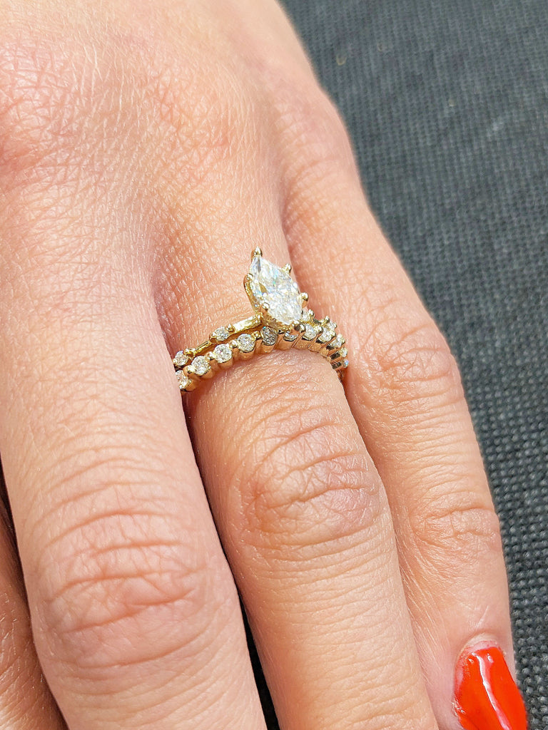 Marquise Lab Diamond Unique Proposal Ring for Her | Moissanite Hidden Halo Ring | Stacking Half Eternity Ring | Delicate Promise Ring