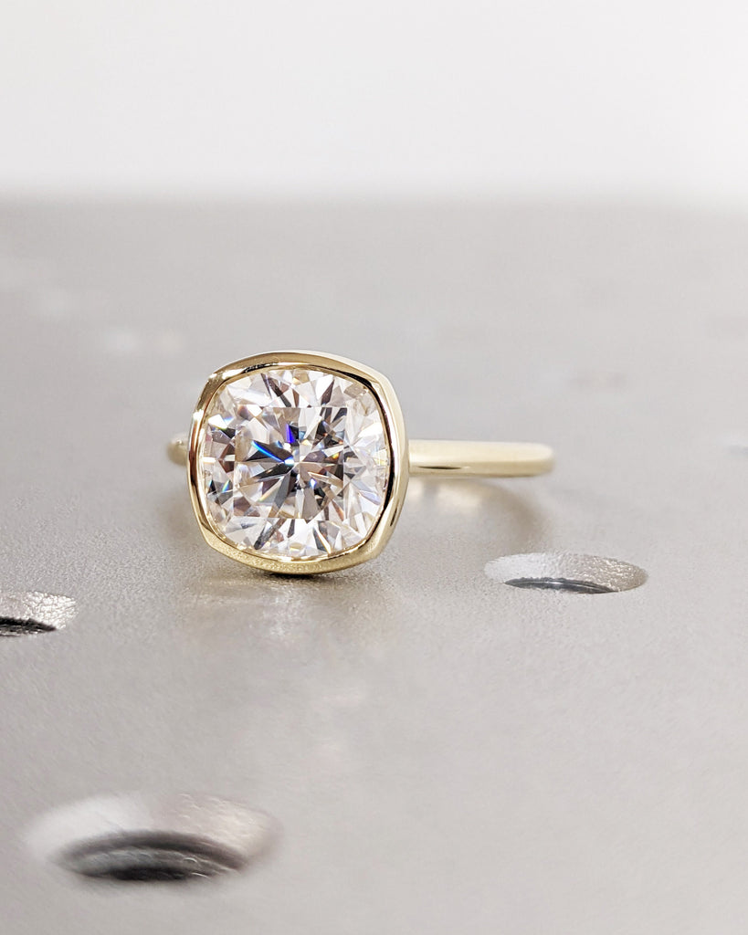 Cushion Cut Moissanite Solitaire Ring, 14K 18K Yellow Gold Engagement Ring, Bezel Setting, Statement Ring, Gift For Her, Vintage Bridal Set