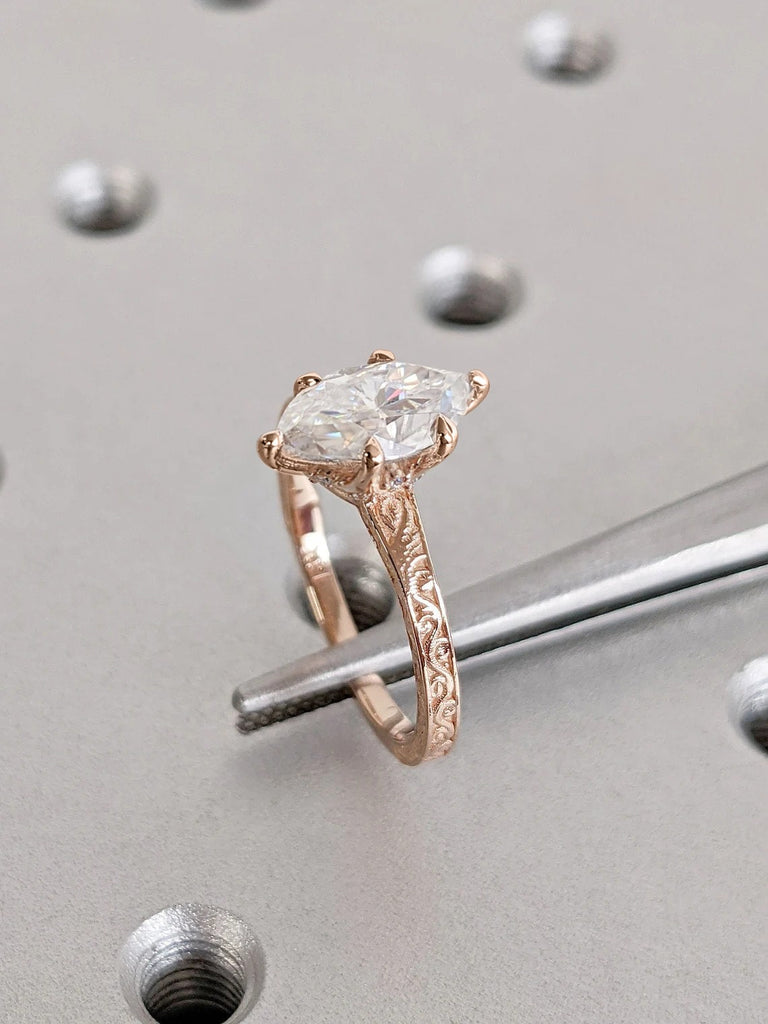 14K Rose Gold Moissanite Engagement Ring | Diamond Hidden Halo Ring | Unique Art Deco Proposal Ring | Marquise cut Ring | Woman Jewelry