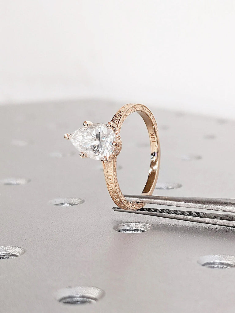 1CT Pear cut Moissanite Engagement Ring | 14K Rose Gold Diamond Hidden Halo Ring | Unique Vintage Proposal Ring | Woman Bridal Jewelry