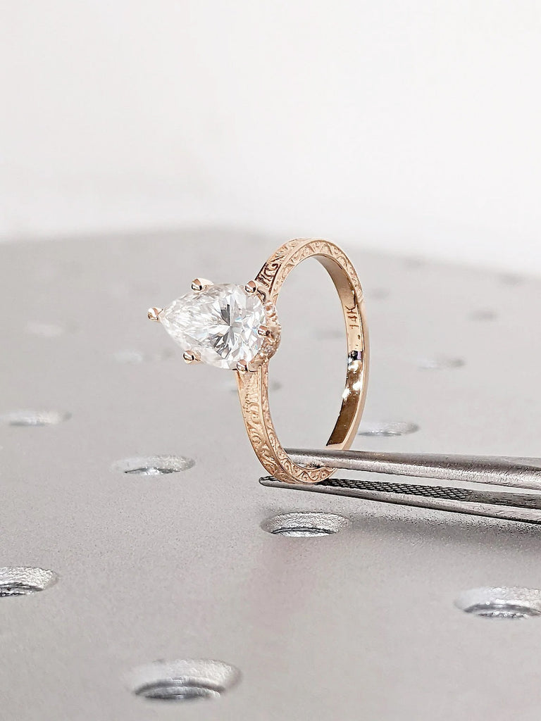 1CT Pear Moissanite Engagement Ring | Antique Rose Gold Diamond Hidden Halo Ring | Simple Promise Ring for Her | Filigree Wedding Band