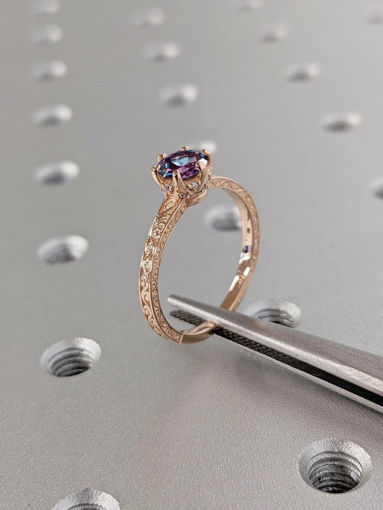 Round Alexandrite Solitaire Engagement Ring | Antique Rose Gold Diamond Hidden Halo Ring | Promise Ring for Her | Handmade Filigree Ring