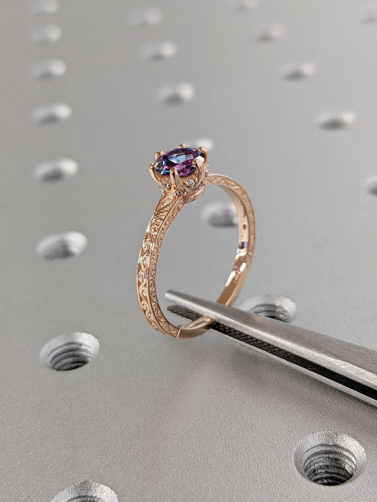 Blue Purple Alexandrite Vintage Engagement Ring | 14K 18K Rose Gold Diamond Hidden Halo Ring | Unique Proposal Ring | Wedding Ring for Her