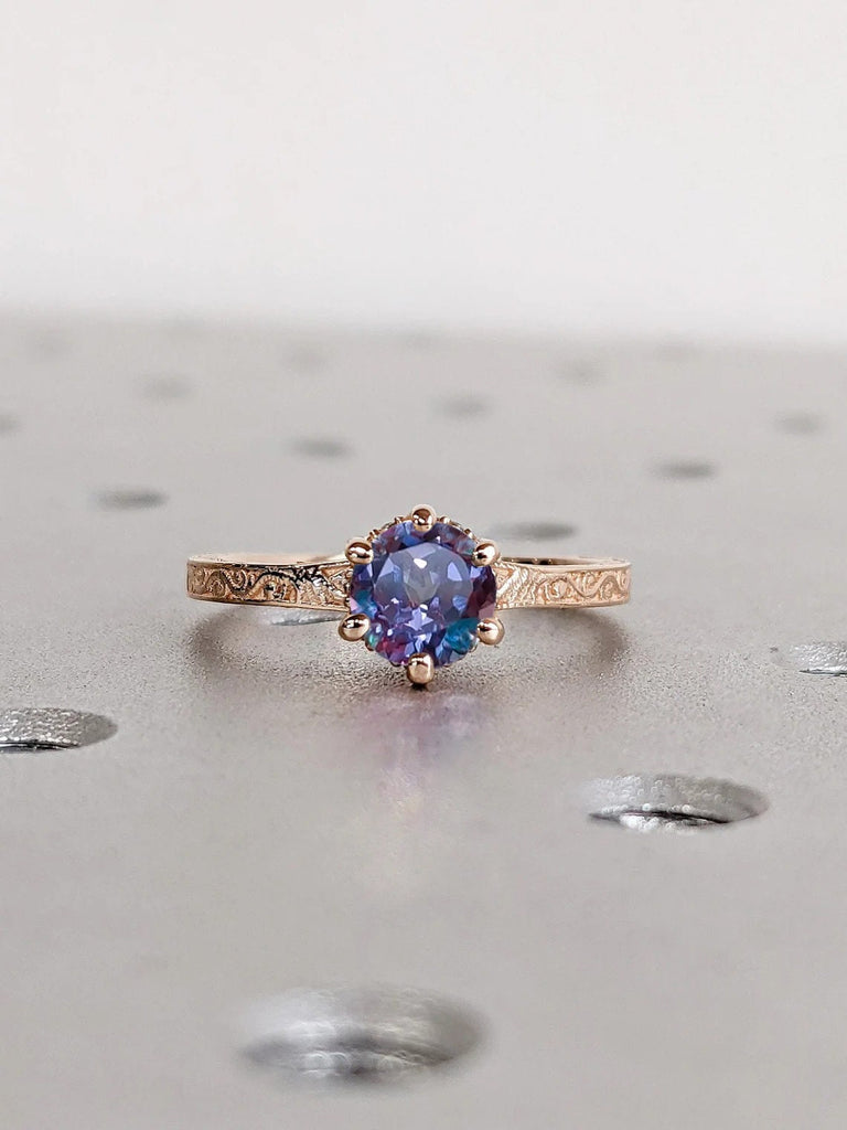 Round Alexandrite Solitaire Engagement Ring | Antique Rose Gold Diamond Hidden Halo Ring | Promise Ring for Her | Handmade Filigree Ring