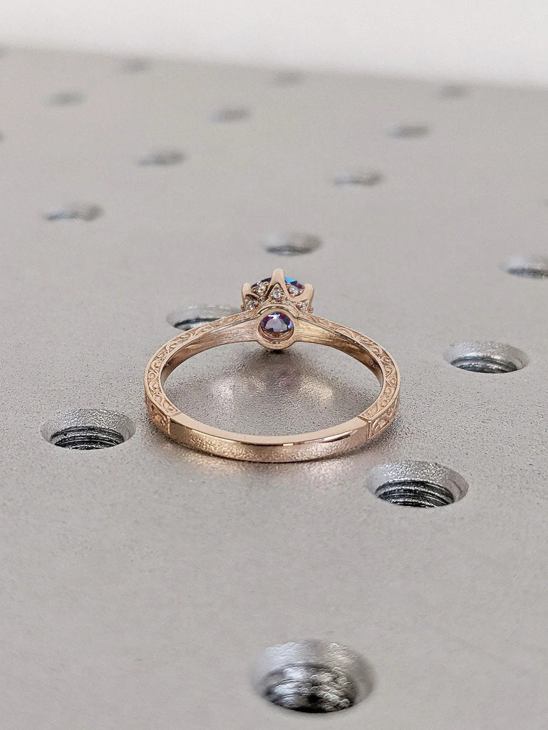 Round Alexandrite Solitaire Engagement Ring | Antique Rose Gold Diamond Hidden Halo Ring | Promise Ring for Her | Handmade Filigree Ring