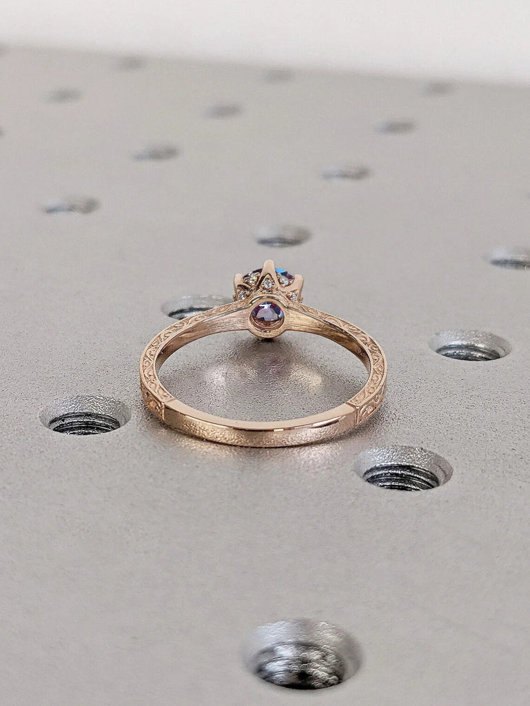 Blue Purple Alexandrite Vintage Engagement Ring | 14K 18K Rose Gold Diamond Hidden Halo Ring | Unique Proposal Ring | Wedding Ring for Her