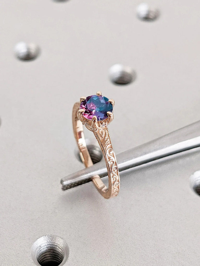 Round Blue Purple Lab Grown Alexandrite Vintage Engagement Ring | 14K 18K Rose Gold Moissanite Hidden Halo Ring | Promise Ring for Her | Handmade Filigree Ring