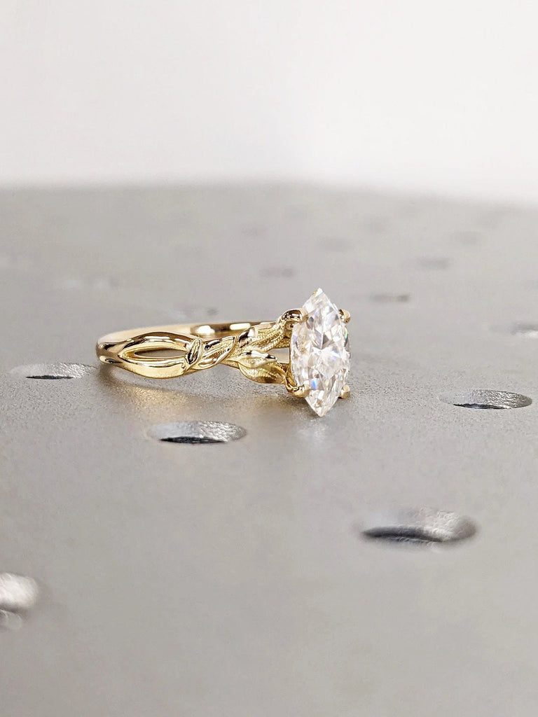 Nature Inspired Moissanite Engagement Ring | Solitaire Ring | Marquise cut Ring | 14K 18K Yellow Gold Promise Ring | Floral Twig Branch Ring