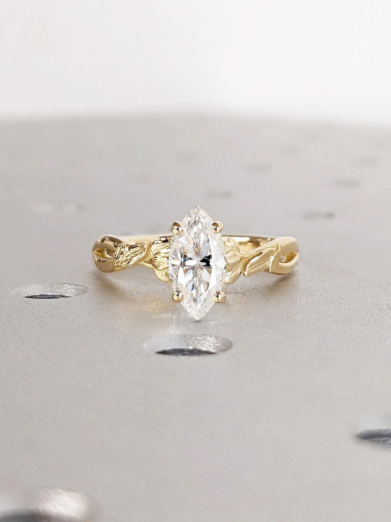 Nature Inspired Moissanite Engagement Ring | Solitaire Ring | Marquise cut Ring | 14K 18K Yellow Gold Promise Ring | Floral Twig Branch Ring