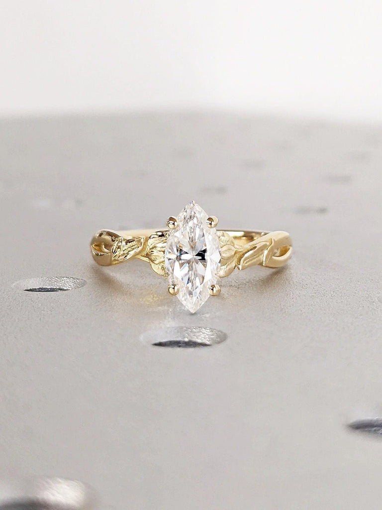 1, 1.5, 2CT Marquise Moissanite Solitaire Engagement Ring | Solid Gold Wedding Ring for Her | Flower Petal Rustic Simple Promise Ring