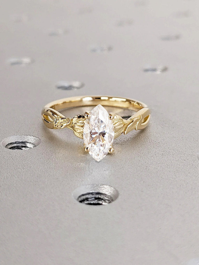 Nature Inspired Moissanite Engagement Ring | Solitaire Ring | Marquise cut Ring | 14K 18K Yellow Gold Promise Ring | Floral Twig Branch Ring