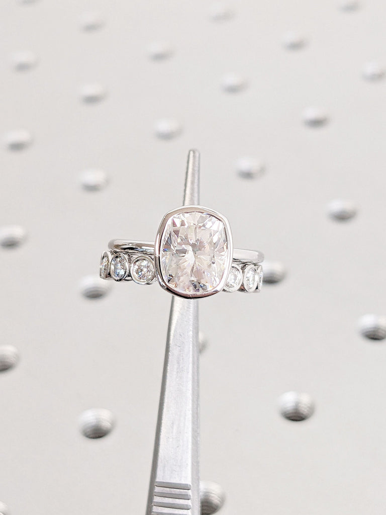 Moissanite Solitaire Minimalist Engagement Ring | Matching Bezel set Diamond Half Eternity Women Wedding Band | Stacking Ring