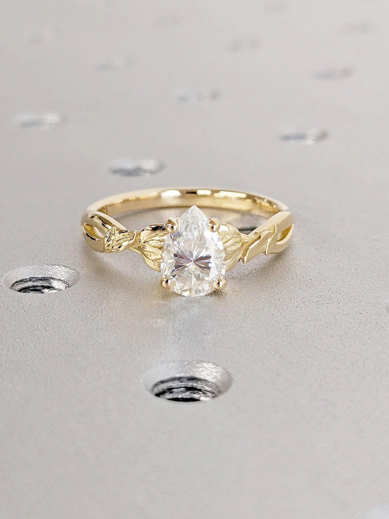 Nature Inspired Pear cut Moissanite Engagement Ring | Moissanite Solitaire Ring | 14K 18K Yellow Gold Promise Ring | Rustic Proposal Ring