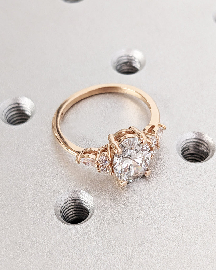 Lab Diamond Oval Engagement Ring, Oval Lab Diamond and Multi-Stone Wedding Ring, Rose Gold Lab Diamond Ring, Cluster Ring, Anniversary Gift