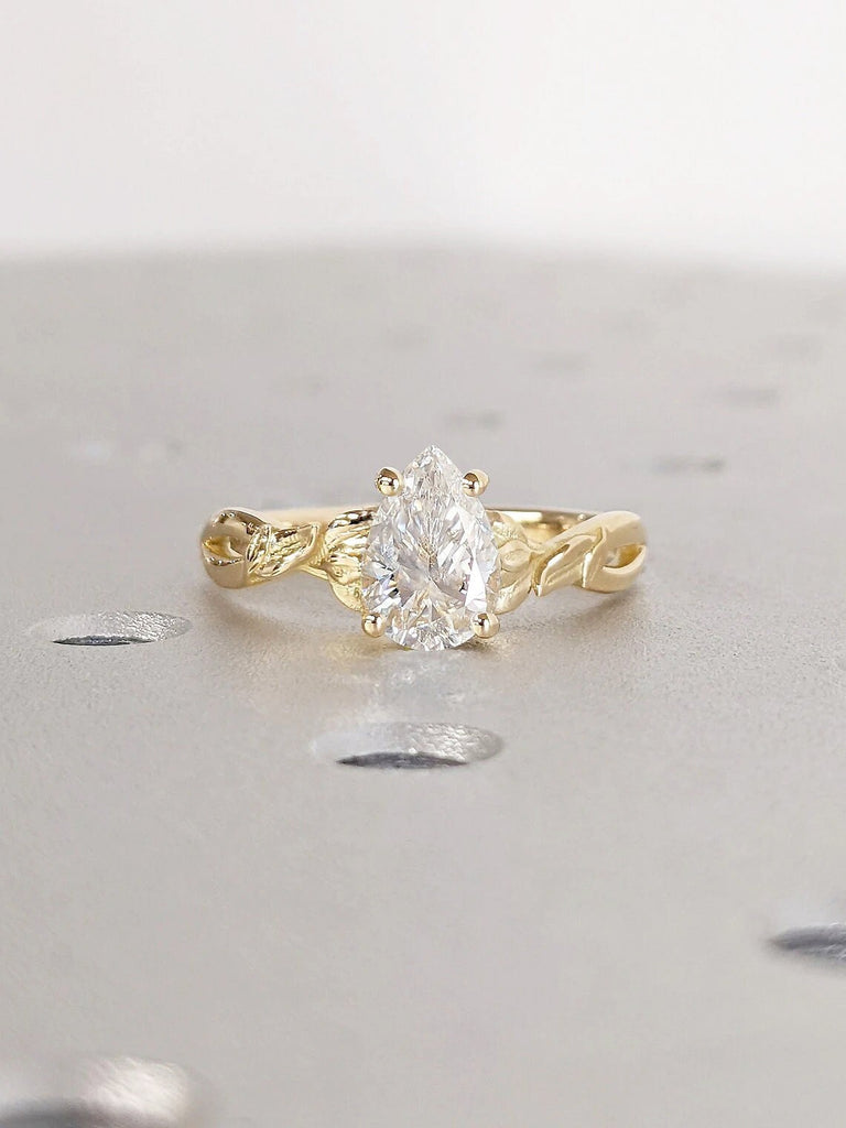 1CT Pear cut VVS Moissanite Floral Proposal Ring for Her | Solid Gold Woman Wedding Ring | Leaf Motif Ring | Simple Promise Ring