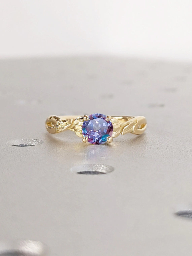 Nature Inspired Lab Alexandrite Engagement Ring | Solitaire Ring | 14K 18K Solid Gold Rustic Proposal Ring | Blue Purple June Birthstone