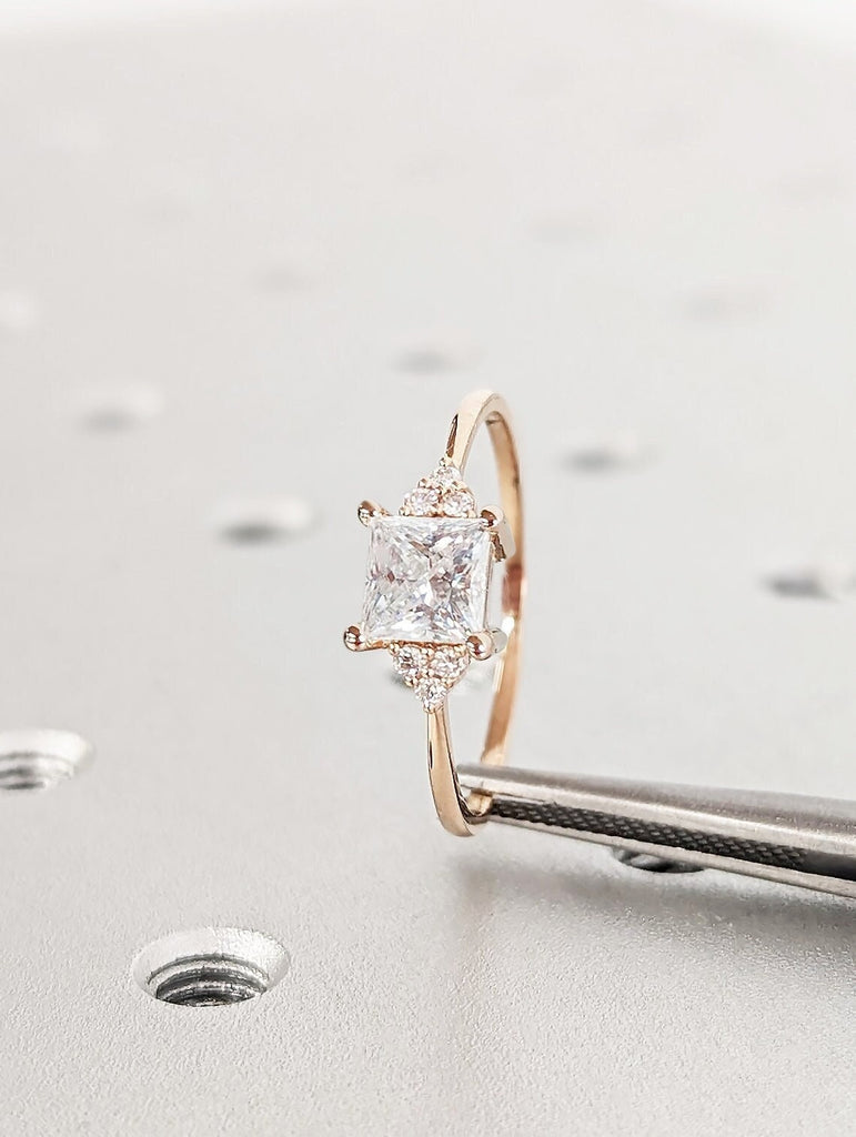 Princess cut Lab Grown Diamond Women Engagement Ring | Rose Gold Tapered Wedding Band | Moissanite Cluster Ring | Alternative Bridal Jewelry