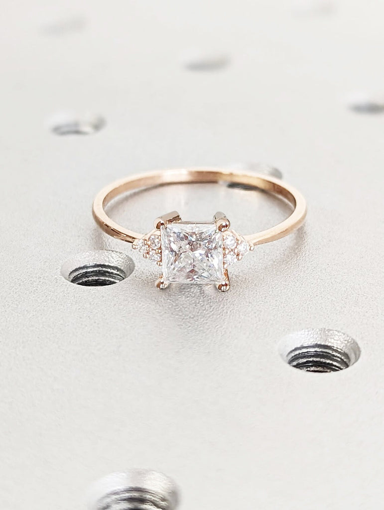 Princess cut VVS Moissanite Woman Engagement Ring | 14K Rose Gold Tapered Wedding Band | Diamond Cluster Ring | Alternative Bridal Jewelry