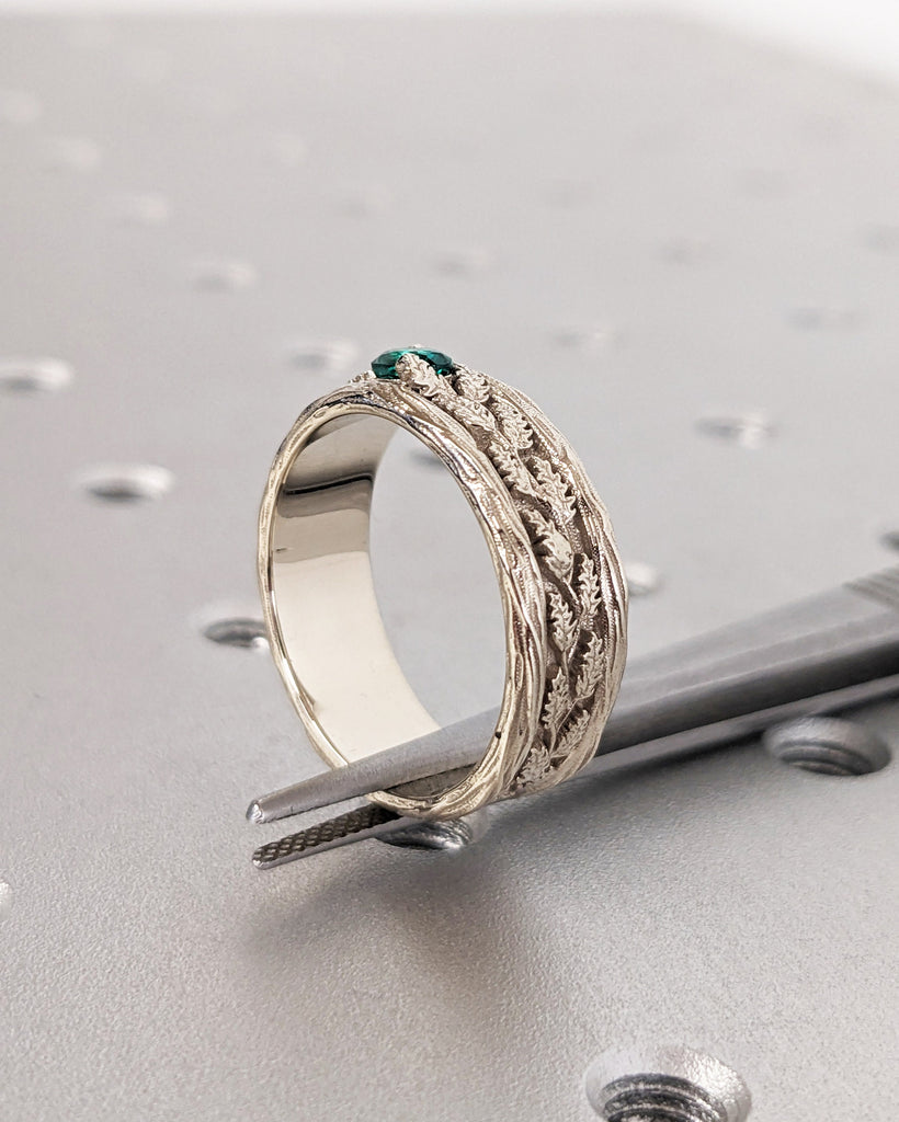 14k Gold Ring for Men, Leaf Engraved Ring, Mens Lab Emerald Ring, Unique Wedding Band for Him, Mens Anniversary Ring, Nature Inspired Rings