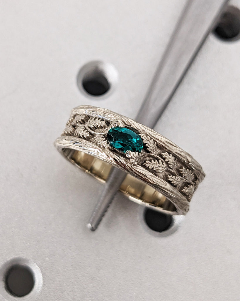 14k Gold Ring for Men, Leaf Engraved Ring, Mens Lab Emerald Ring, Unique Wedding Band for Him, Mens Anniversary Ring, Nature Inspired Rings