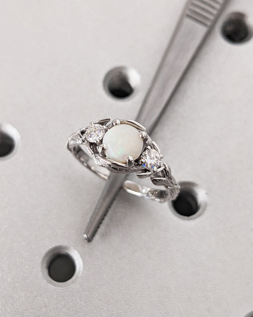 White Opal Gemstone Ring, 14K White Gold Opal Engagement Ring, Nature Inspired Botanical Ring, October Birthstone Ring, Opal Ring For Women