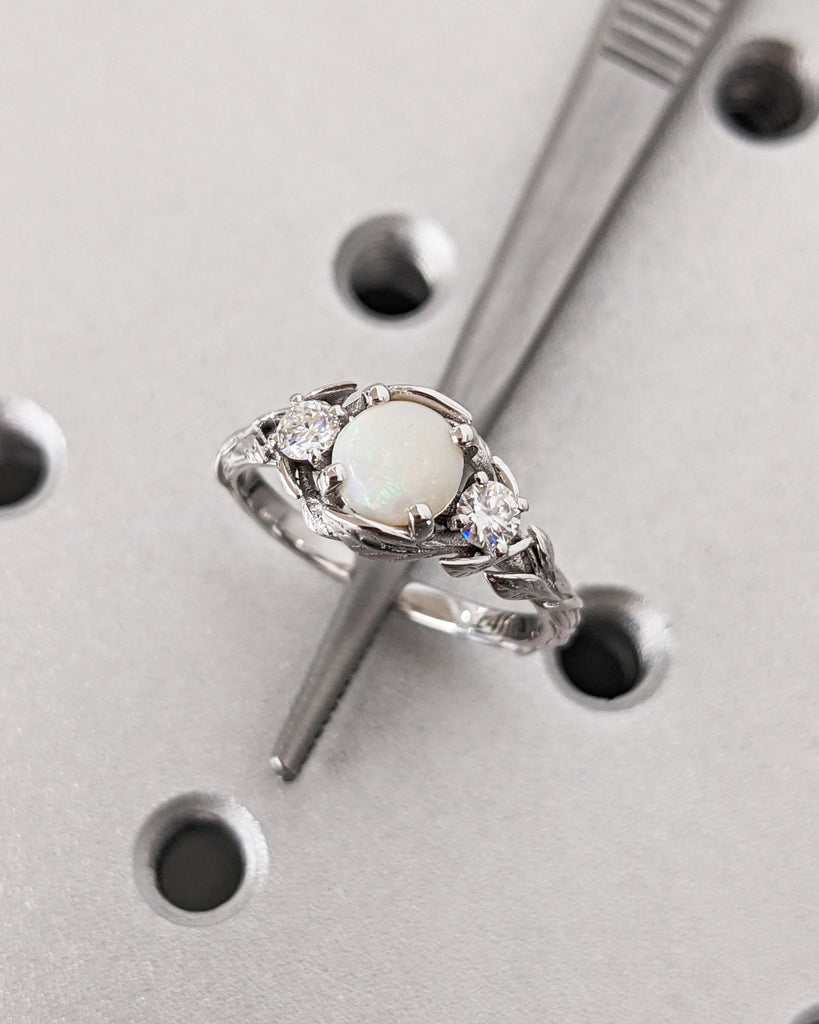 Opal Engagement Ring White Gold, Unique Opal Wedding Ring, White Opal Promise Ring, Nature Inspired Opal Engagement Ring, Leaf Vine Branch