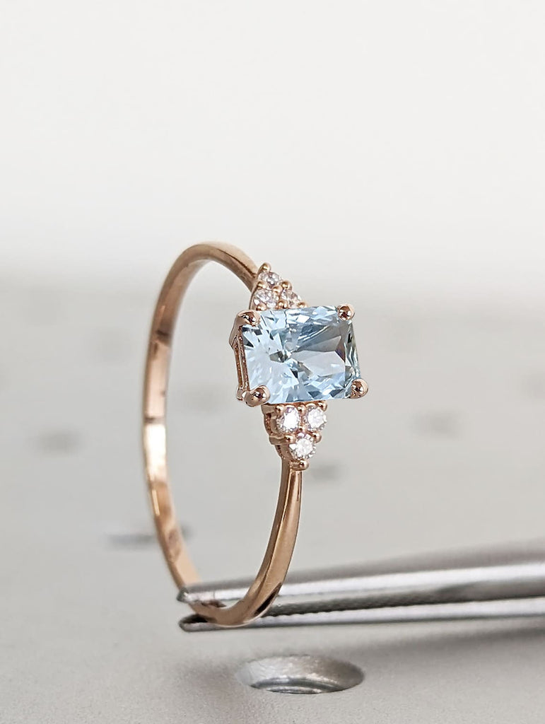 14K Rose Gold Lab Aquamarine Birthday Anniversary Promise Ring | Moissanite Cluster Dainty Rose Gold Wedding Ring