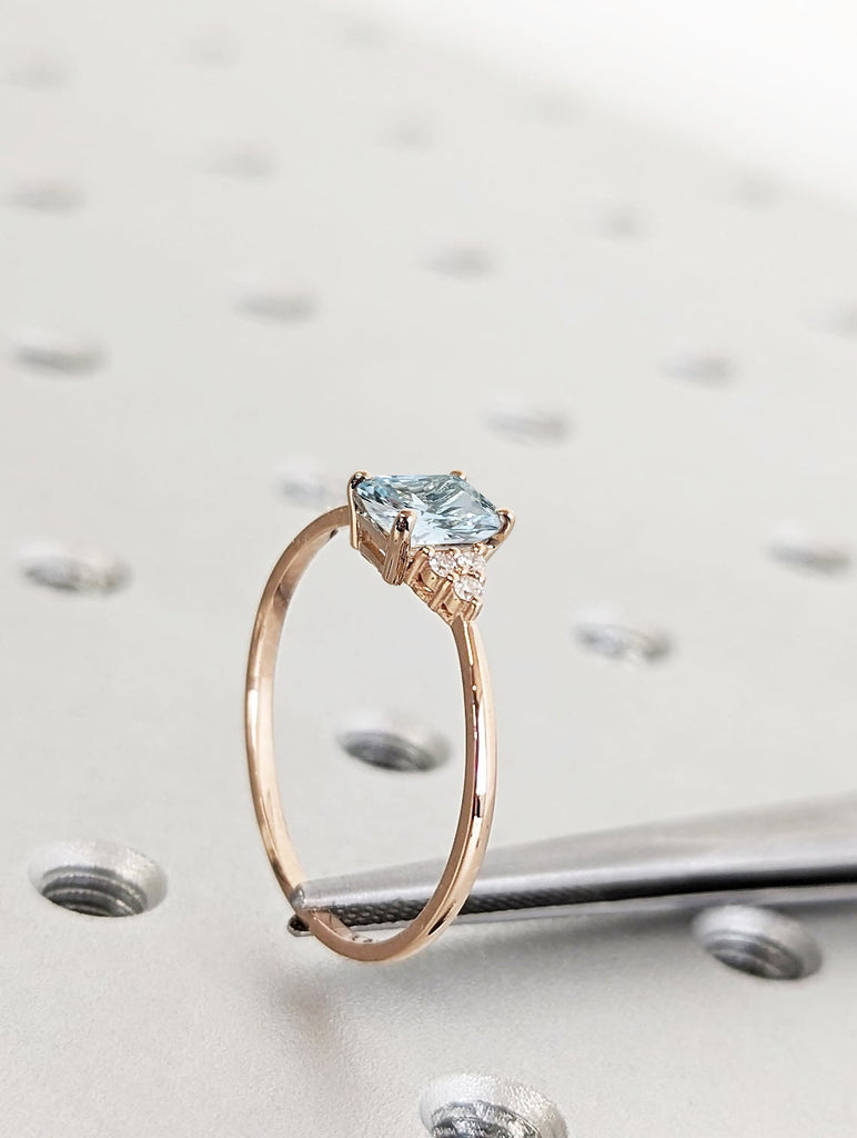 Vintage Lab Aquamarine Engagement Ring Radiant Cut | Antique Rose Gold Diamond Cluster Wedding Ring | March Birthstone Anniversary Ring