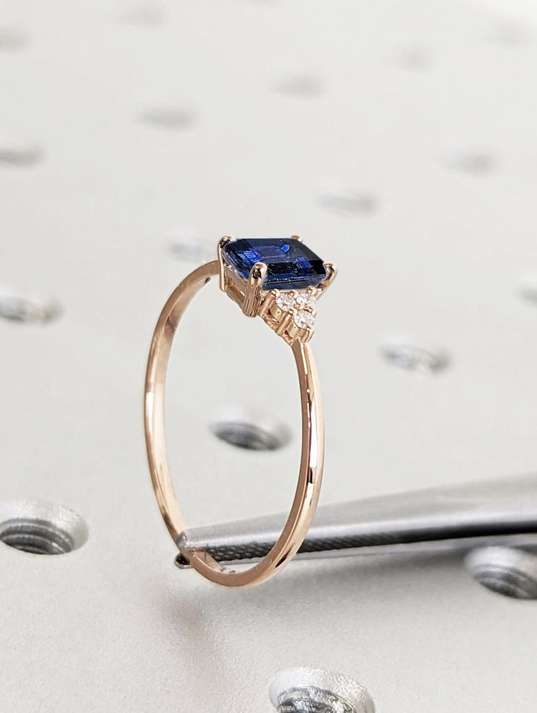 Vintage Lab Sapphire Engagement Ring | Dainty 14K 18K Rose Gold Wedding Band | Royal Blue Sapphire September Birthstone | Commitment Ring