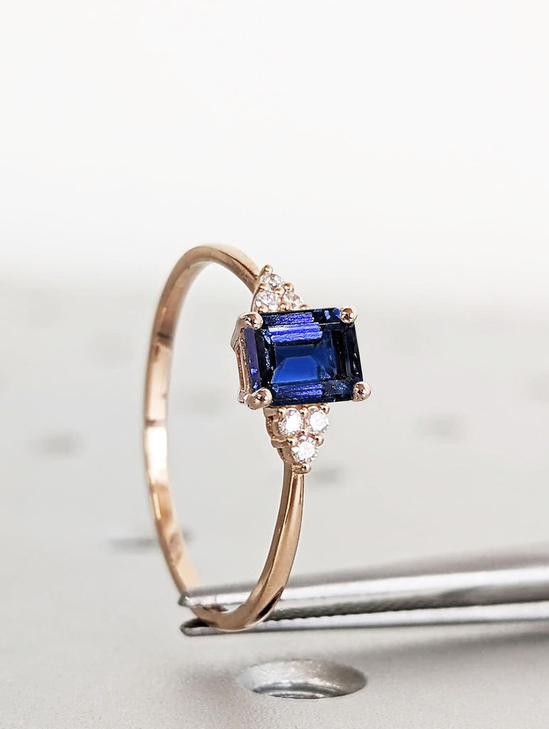 Emerald cut Lab Sapphire Women Proposal Ring | Rose Gold Wedding Anniversary Ring | Royal Blue Sapphire September Birthstone Promise Ring