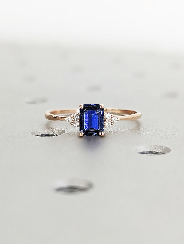 Vintage Lab Created Sapphire Dainty Promise Ring | 14K Rose Gold Diamond Cluster Proposal Ring | Art Deco Ring | September Birthstone | Wedding Anniversary Ring