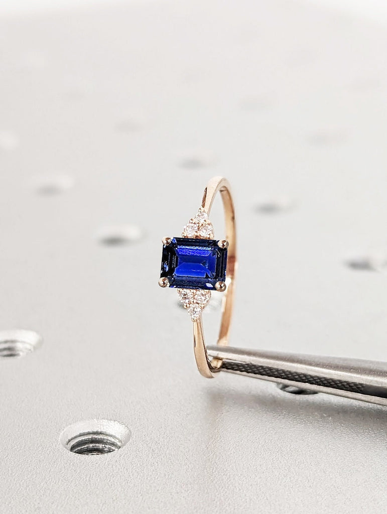 Emerald cut Lab Sapphire Women Proposal Ring | Rose Gold Wedding Anniversary Ring | Royal Blue Sapphire September Birthstone Promise Ring