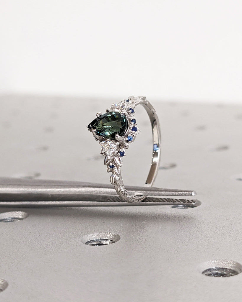 Natural Teal Sapphire, Diamond Engagement Ring in 14K White Gold | Cluster Multi-Stone Statement Ring | Fantasy Alternative Ring | Leaf Ring