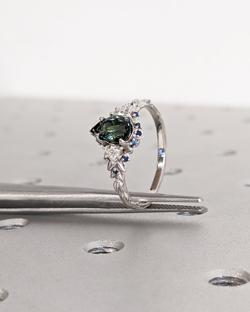 Natural Teal Sapphire, Diamond Engagement Ring in 14K White Gold | Cluster Multi-Stone Statement Ring | Fantasy Alternative Ring | Leaf Ring