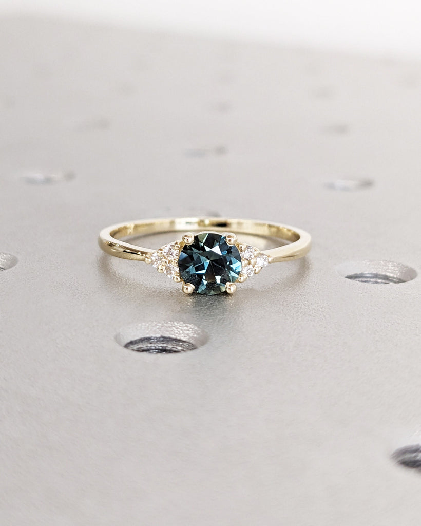 Vintage Teal Sapphire Engagement Ring Round Cut | Antique Rose Gold Peacock Sapphire Wedding Ring | Round Diamond Cluster Anniversary Ring