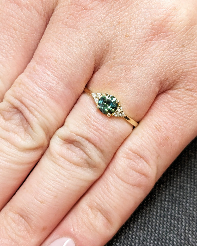 Vintage Teal Sapphire Engagement Ring Round Cut | Antique Rose Gold Peacock Sapphire Wedding Ring | Round Diamond Cluster Anniversary Ring