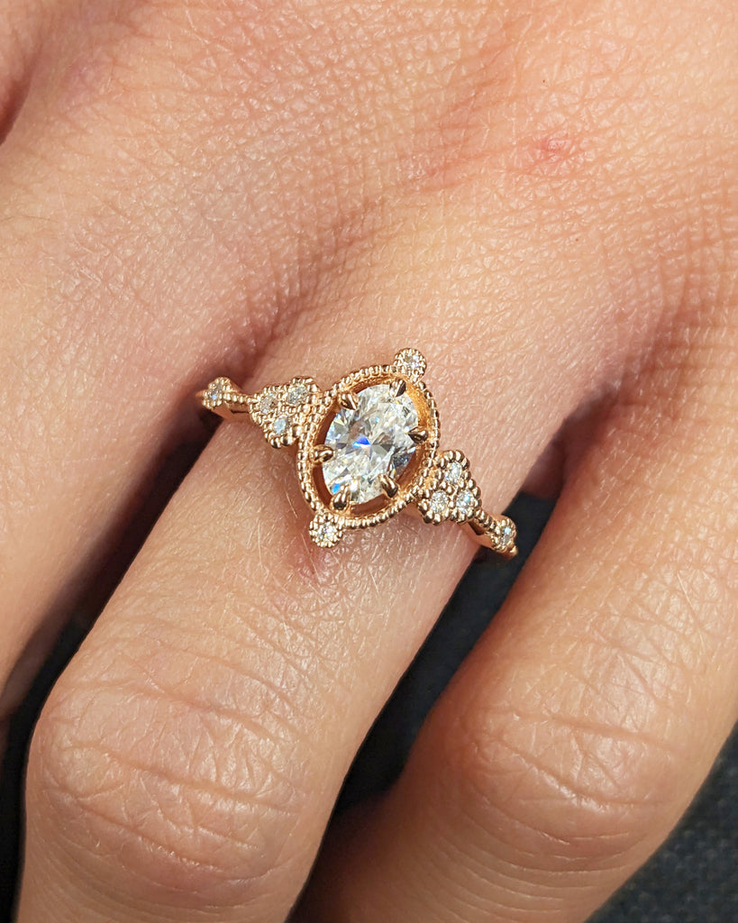 Vintage Lab Diamond Engagement Ring Rose Gold Oval Shaped Cluster Diamond Bridal Ring Art Deco Milgrain Moissanite Wedding Ring Anniversary