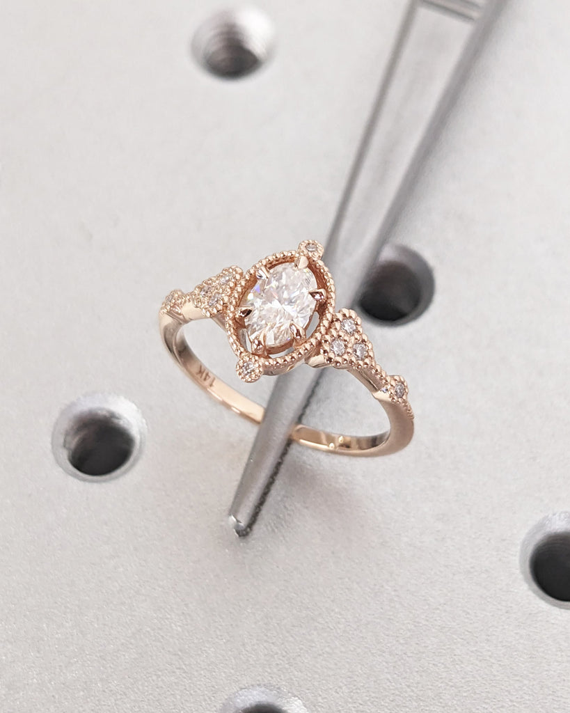 Vintage Moissanite Oval Engagement Ring | Antique Rose Gold Diamond Bridal Ring | Talon Prong Set Milgrain Ring | Art Deco Anniversary Ring