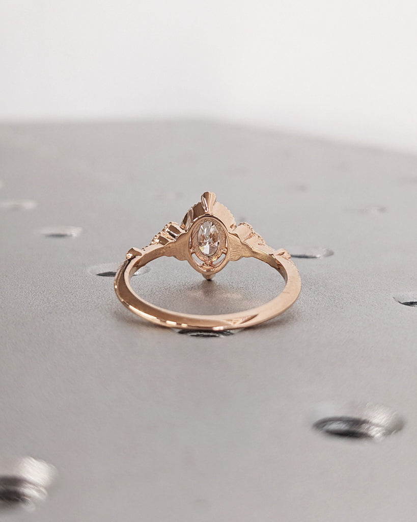 Vintage Oval Shaped Moissanite Engagement Ring Art Deco Milgrain Real Rose Gold Wedding Ring Unique Moissanite Cluster Bridal Ring For Women