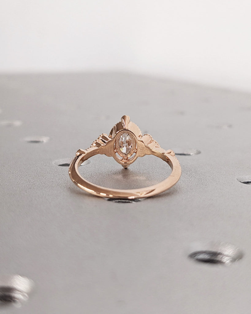 Vintage Moissanite Oval Engagement Ring | Antique Rose Gold Diamond Bridal Ring | Talon Prong Set Milgrain Ring | Art Deco Anniversary Ring